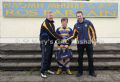 Paddy Kelly (Kelly Landscape and Stone) is pictured presenting the new jerseys to St.Mary’s chairman Michael Hardy, Under 14 Team Captain Pol Hardy is also included with new Kukri kitbag.